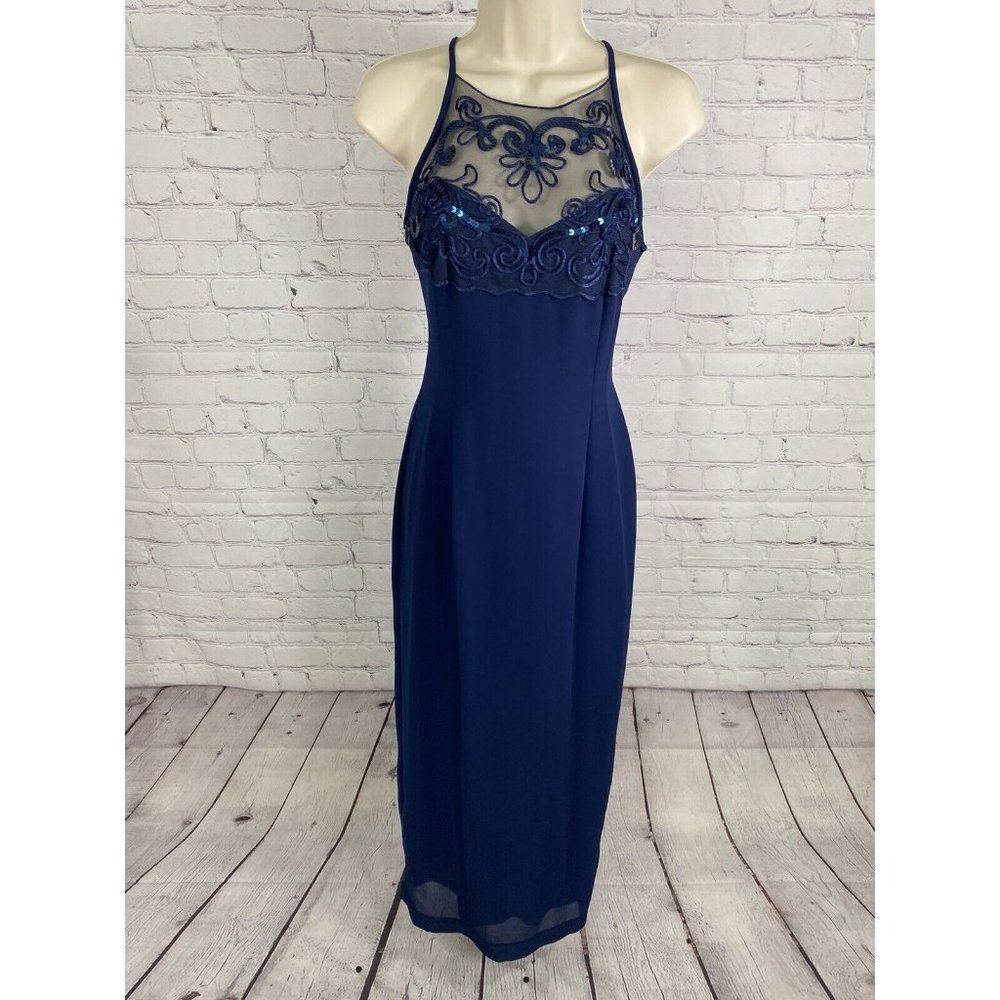 VTG Scott McClintock Petites Blue Sequined Back Zip Sleeveless Sheath Dress 4